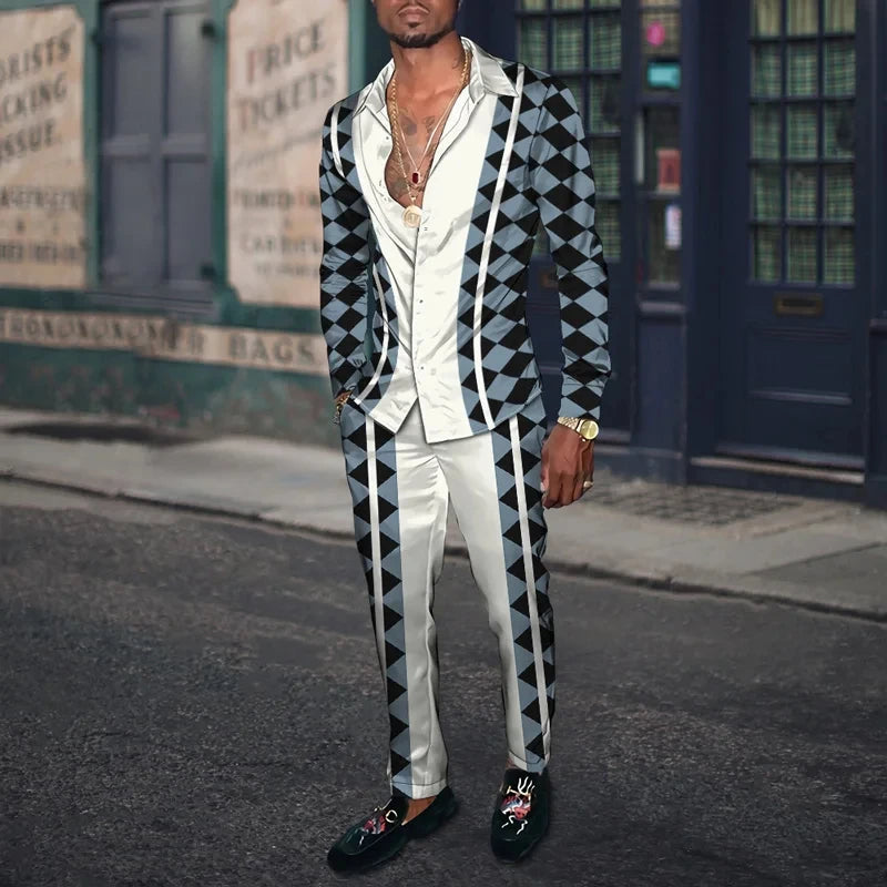 Men's 3D Retro Harajuku Print Long Sleeve Lapel Shirt & Long Pants 2-Piece Set