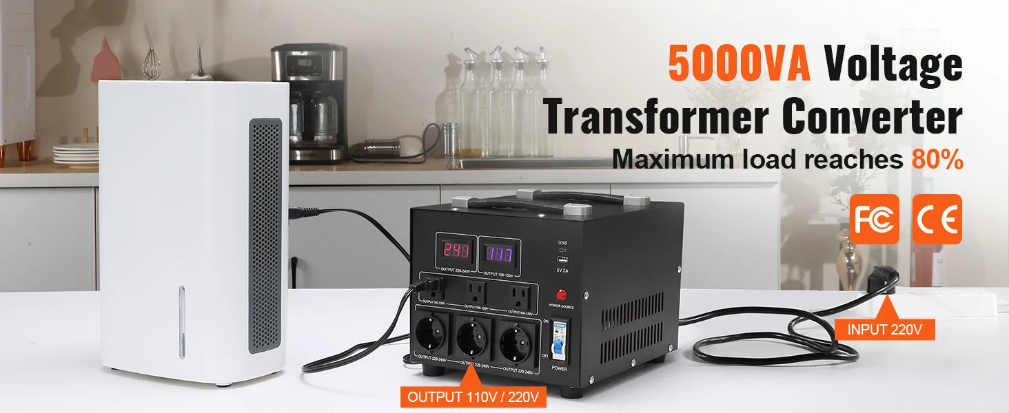 Heavy Duty Voltage Converter Transformer — 2000VA/3000VA/5000VA Step Up/Down, US & EU Outlets