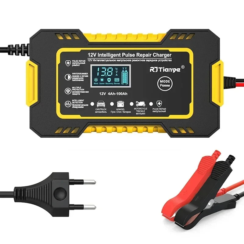 12V 6A Smart Car Battery Charger — LCD Touch Screen Pulse Repair for AGM, GEL & Lead Acid Batteries