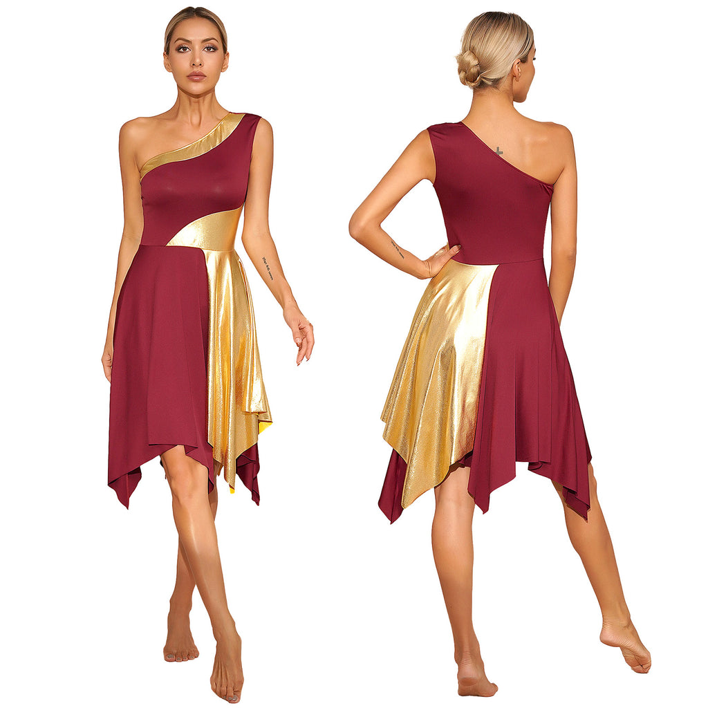 One Shoulder Irregular Hem Dance Performance Dress — Lyrical Worship Dancewear Costume