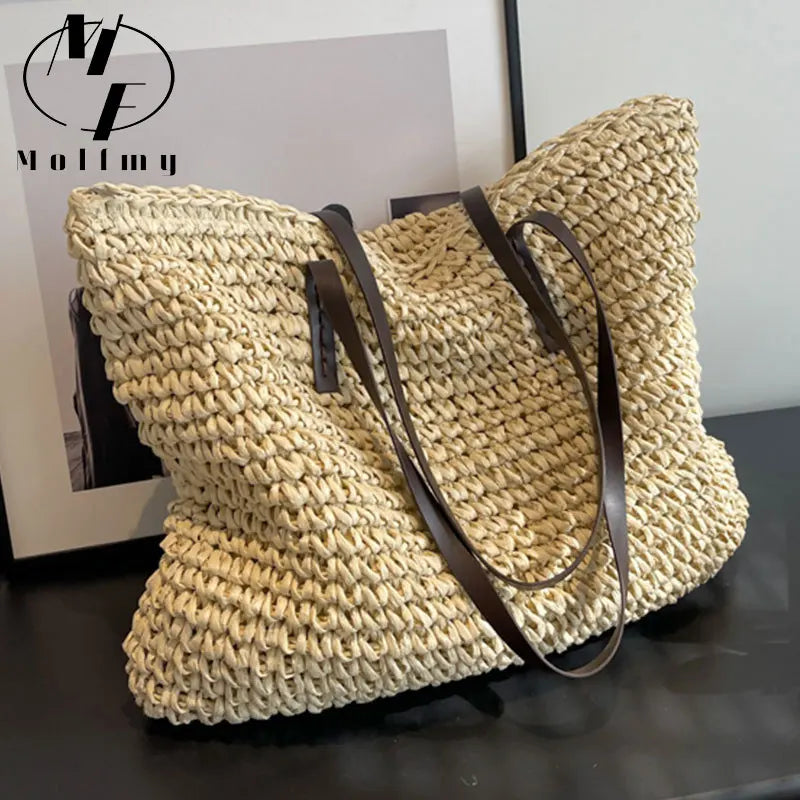 Straw Woven Beach Tote Bag – Large Capacity Casual Shoulder Handbag for Women