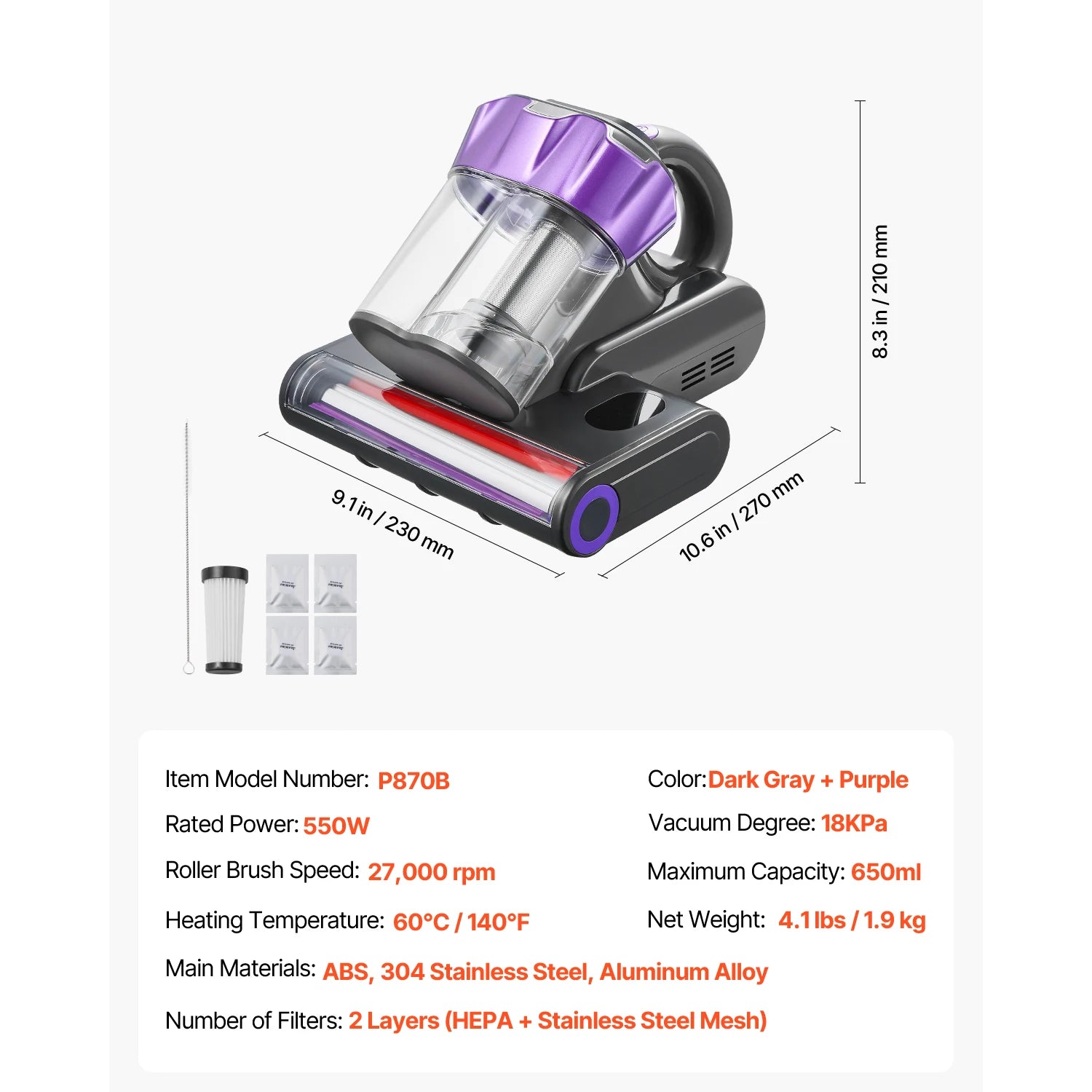 Mattress Vacuum Cleaner 18Kpa — HEPA Filter, Heating & Ultrasound, Dual Dust Bin