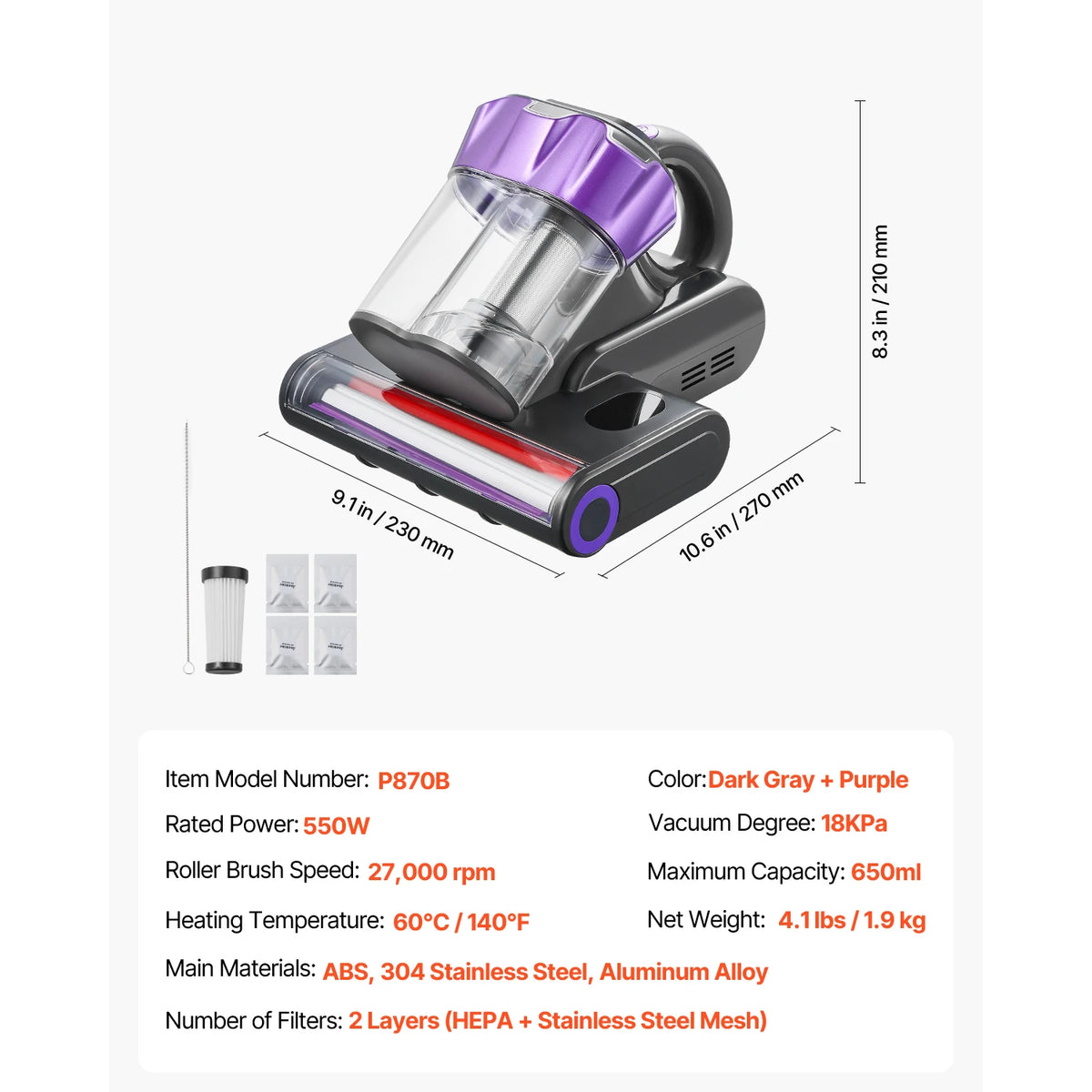 SucceBuy Mattress Vacuum Cleaner – 18Kpa Suction, Dual Dust Bin, HEPA Filter, Heating & Ultrasound