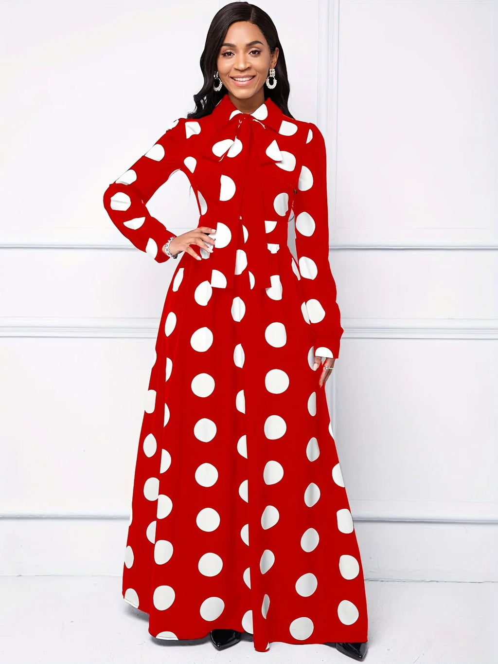 Bow Knot Polka Dot Maxi Dress — Long Sleeve Elegant Casual Lady Dress