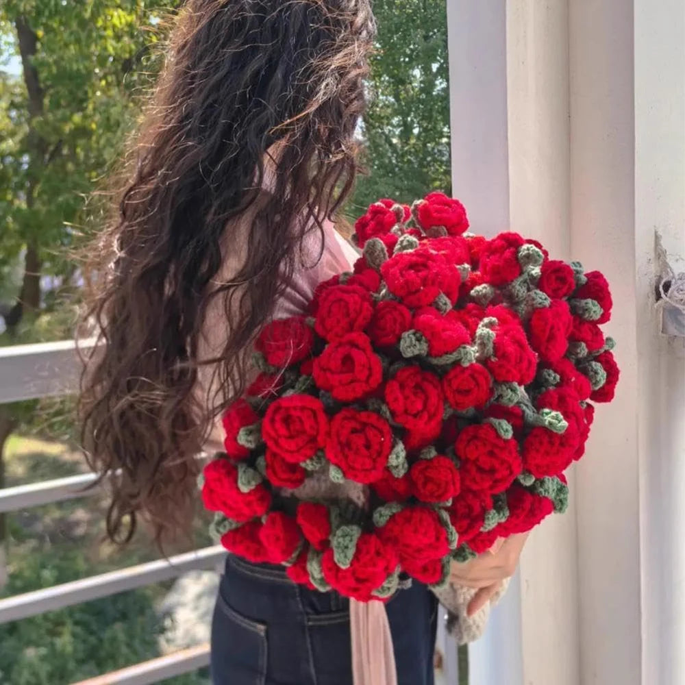 Rose Blanket Bouquet – Handmade Crochet Roses with Gift Bag, Valentine's Day & Birthday Gift for Girlfriend
