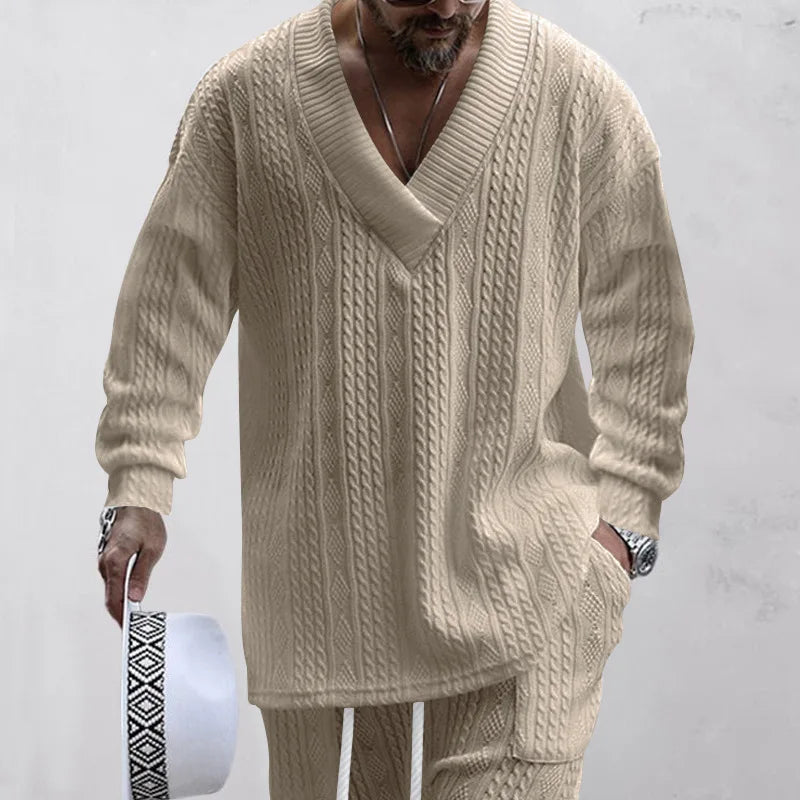 Men's Jacquard Knit Sweater & Casual Trousers Two-Piece Set