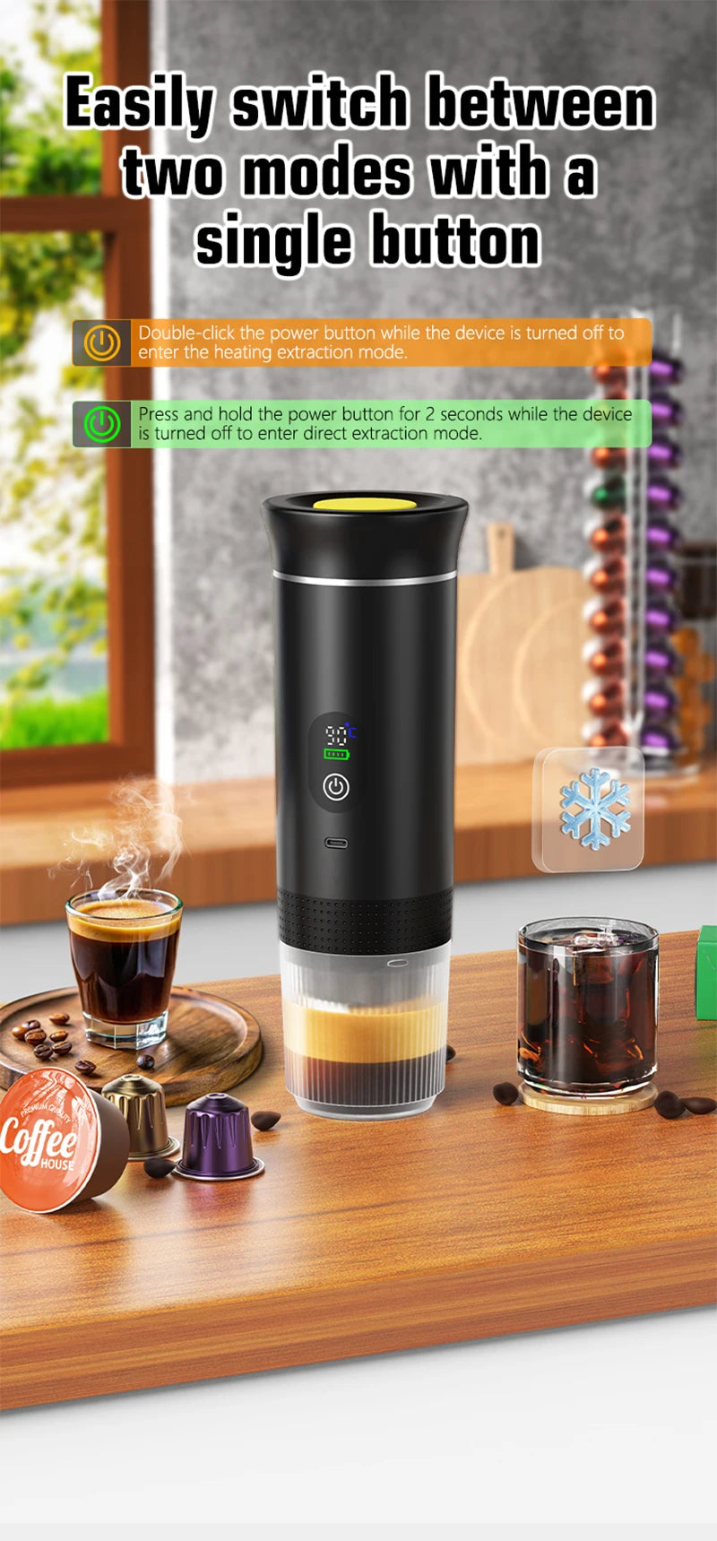 DENOKIN Portable Espresso Coffee Maker – 3-in-1 Capsule Machine with Digital Display for Car, Home & Camping