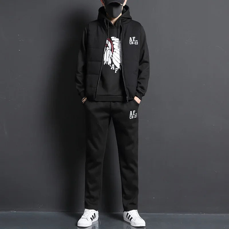 Men's 3-Piece Winter Tracksuit – Hoodie, Vest & Pants Thick Warm Set