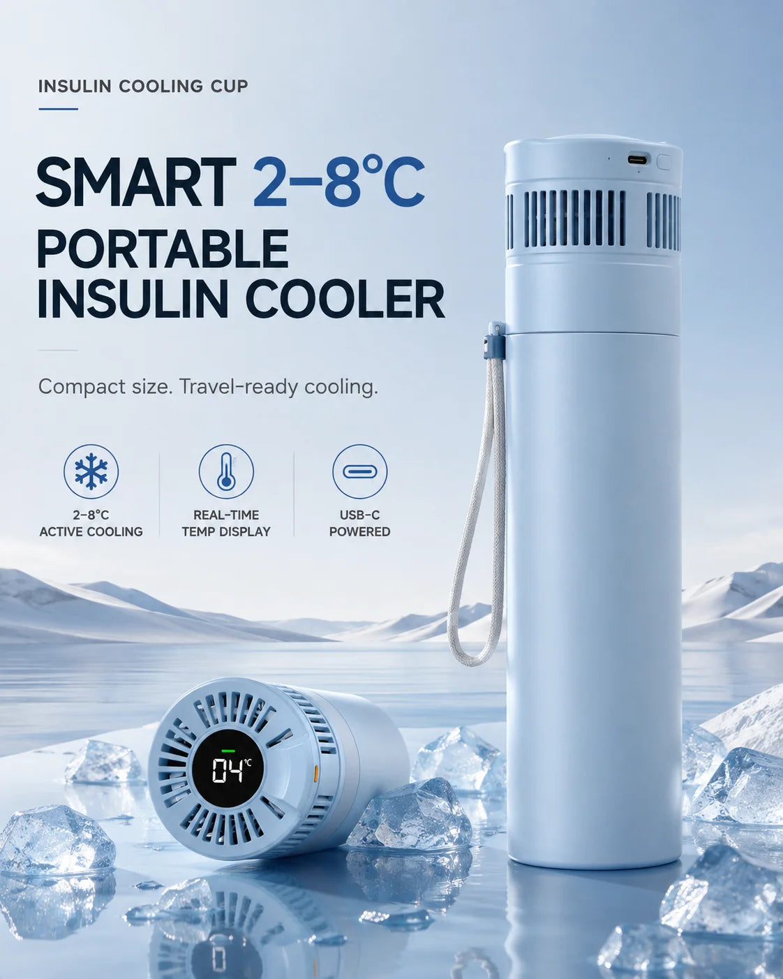 Portable Insulin Cooler 2–8°C – USB-C Medicine Refrigerator with Digital Display for Travel & Medication Cold Storage