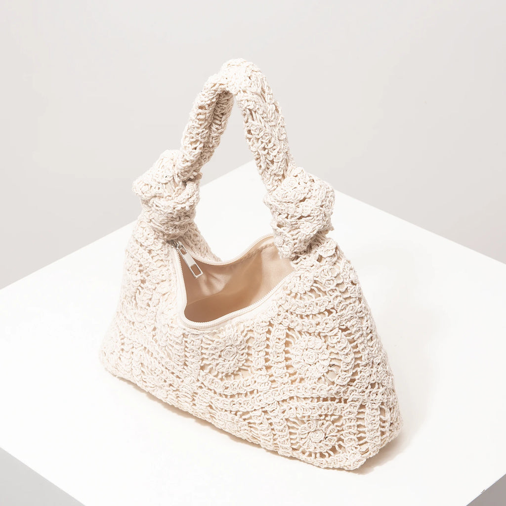 Boho Floral Half-Moon Beach Bag – Hollow-Out Polyester Shoulder Bag for Women