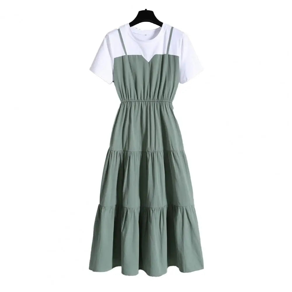 Women's Fake Two-Piece Color Block Summer Dress – Short Sleeve Waist Tight Strap Dress