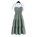 Women's Fake Two-Piece Color Block Summer Dress – Short Sleeve Waist Tight Strap Dress