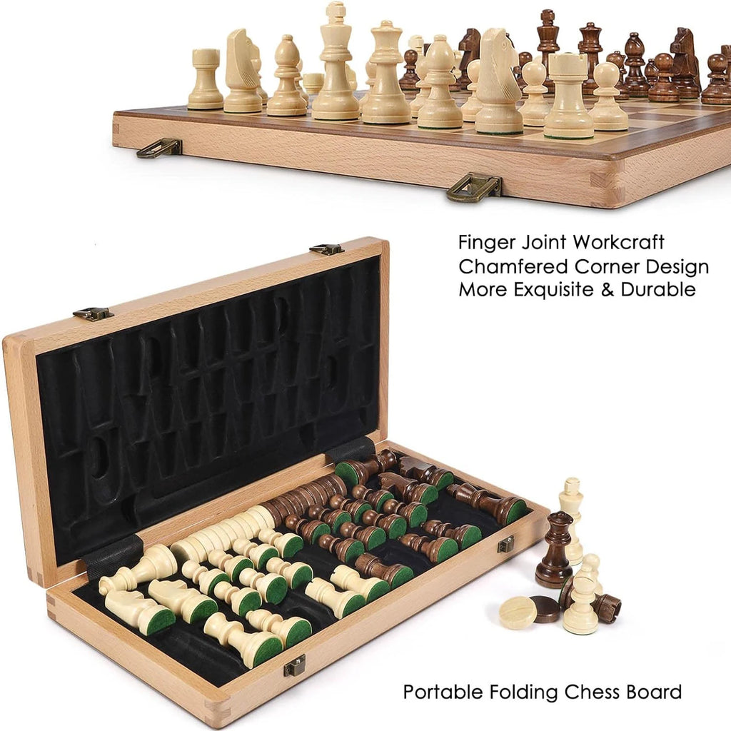 15-Inch Wooden Chess & Checkers Set – 2-in-1 Classic Board Game, Weighted Pieces, 2 Extra Queens & 24 Checkers