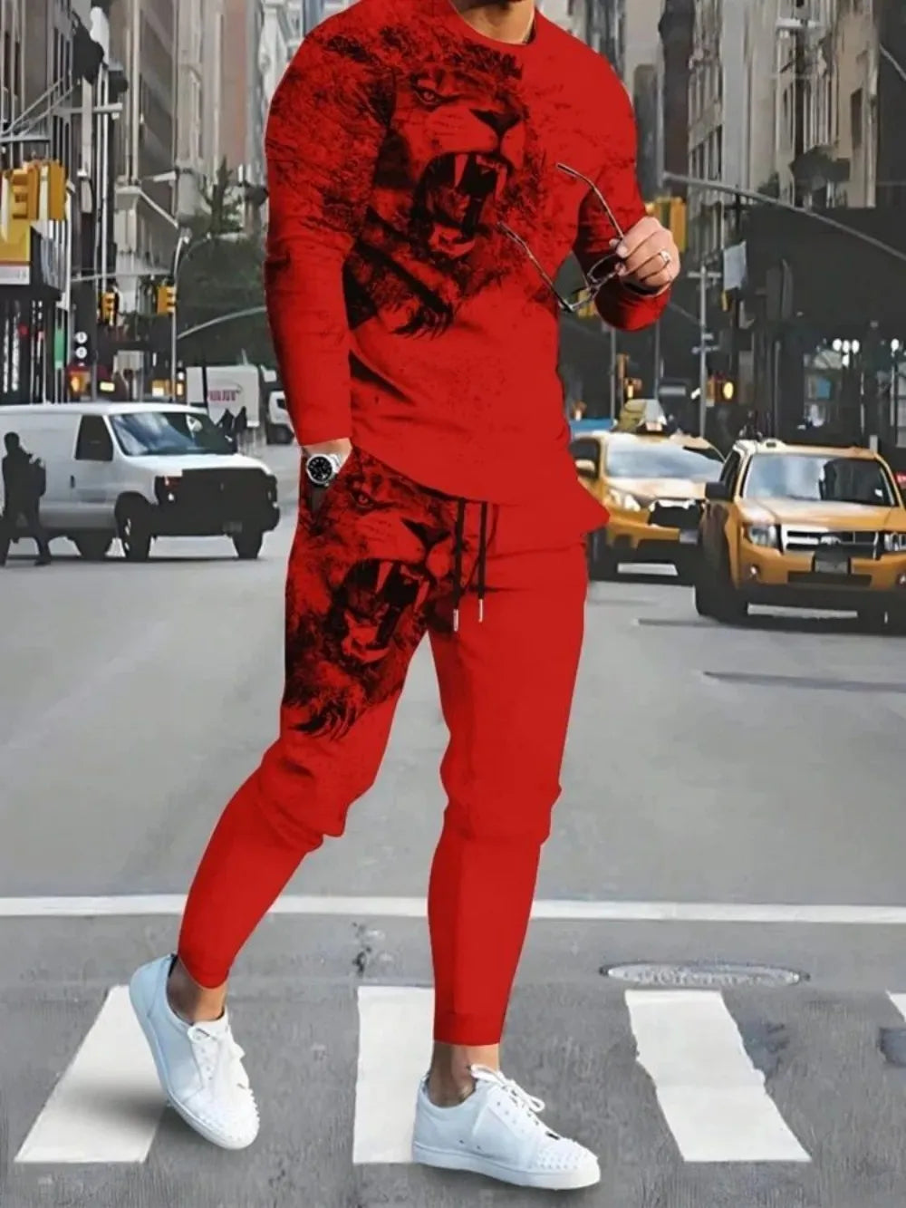 Men's Lion Print Long Sleeve T-Shirt & Drawstring Pants Set – Breathable 2-Piece