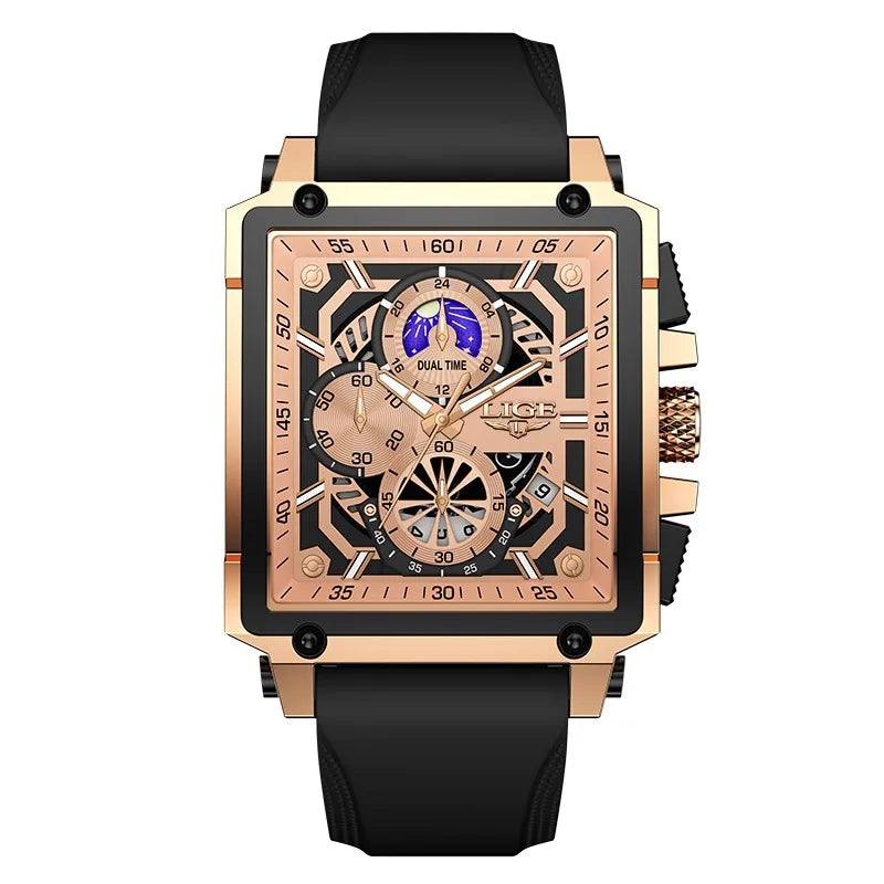 LIGE Men's Hollow Square Sport Watch | Fashion Silicone Strap Waterproof Quartz Wristwatch with Box