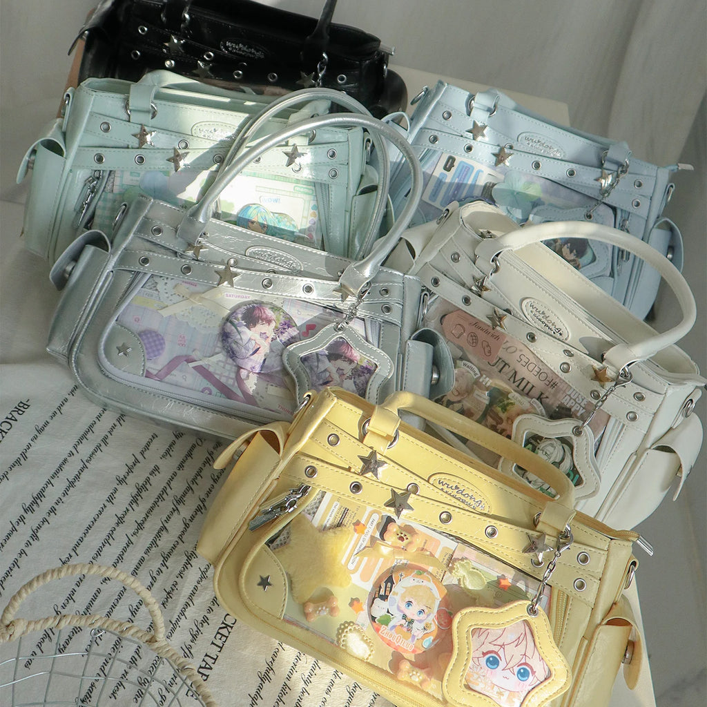 Miyagawa Transparent Rivet PU Tote Bag – Multi-Function Crossbody Shoulder Handbag for Women