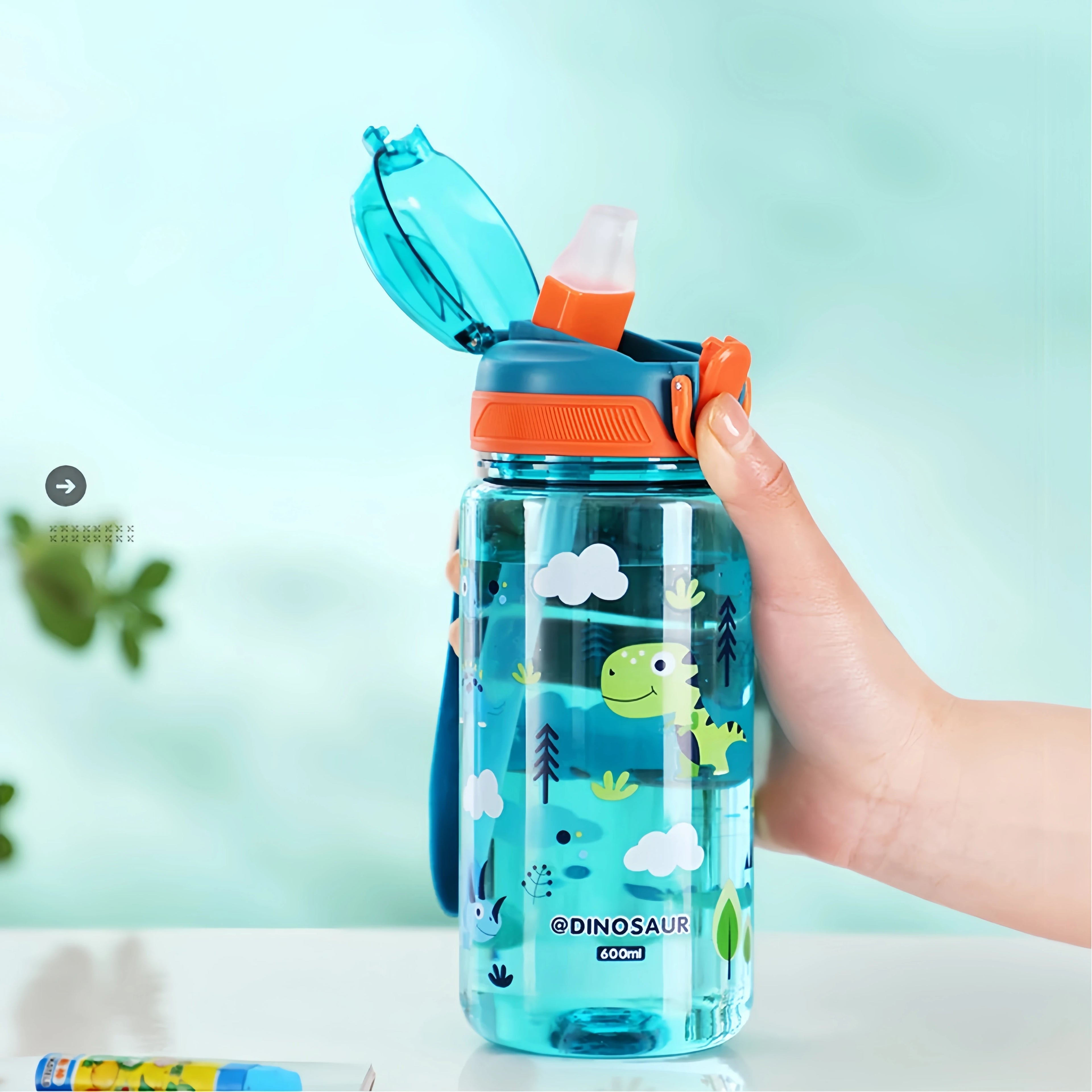 600ml Dinosaur Kids Water Bottle – BPA-Free Silicone Straw Sippy Cup, Leakproof with Carry Rope