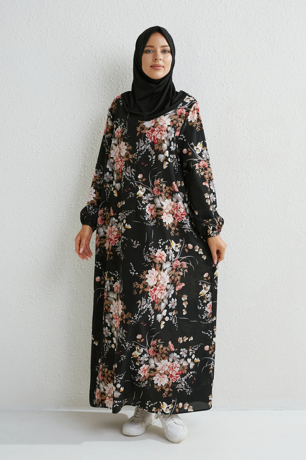 Muslim Floral Printed Full Sleeve Maxi Robe — Loose Modest Long Casual Dress