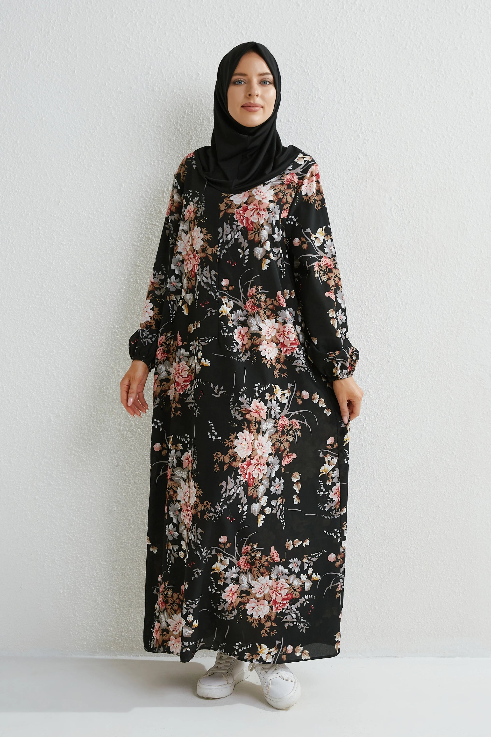 Muslim Floral Printed Full Sleeve Maxi Robe — Loose Modest Long Casual Dress
