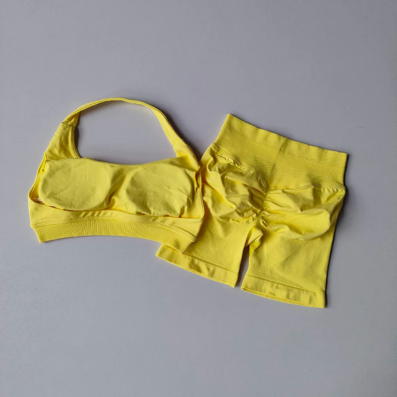 Halter Neck Sports Bra & High-Waist Shorts Yoga Set — Women’s Activewear