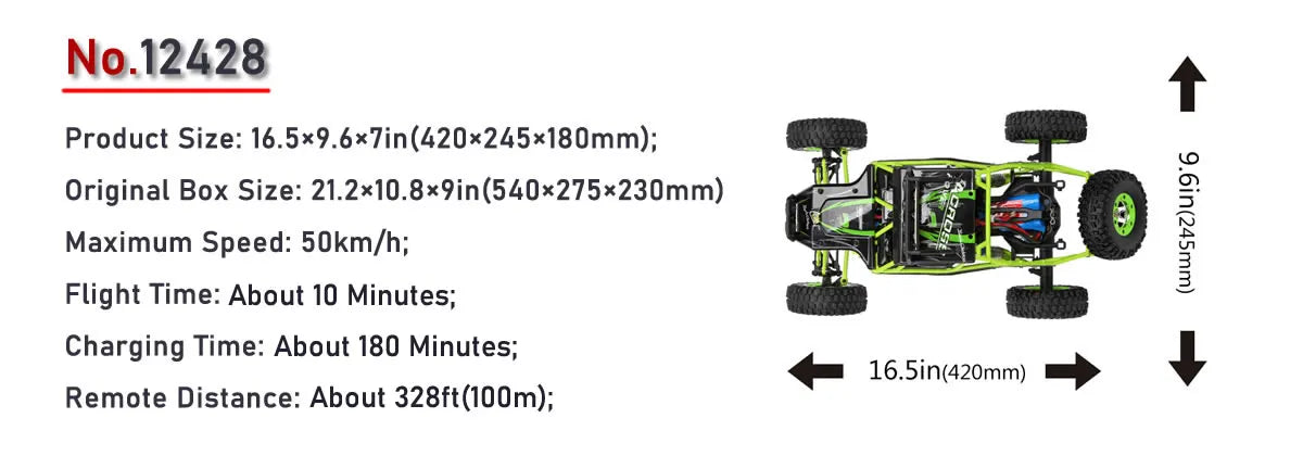 WLtoys 12428 1:12 Scale 4WD RC Racing Car – 50KM/H Alloy Off-Road Climbing Truck with LED Lights