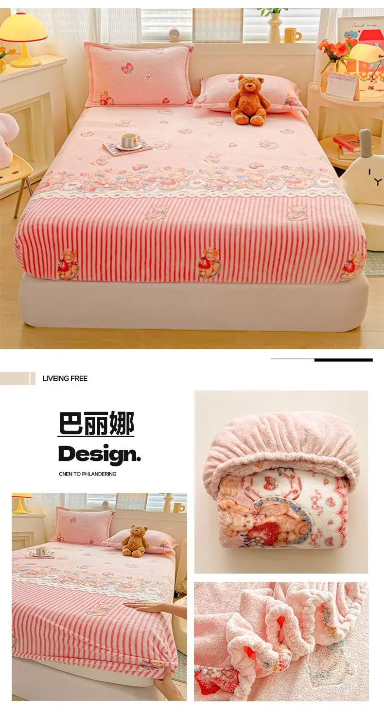 Flannel Fleece Fitted Bed Sheet – Warm Cartoon Purple, Elastic Single to King, Winter Bedsheet