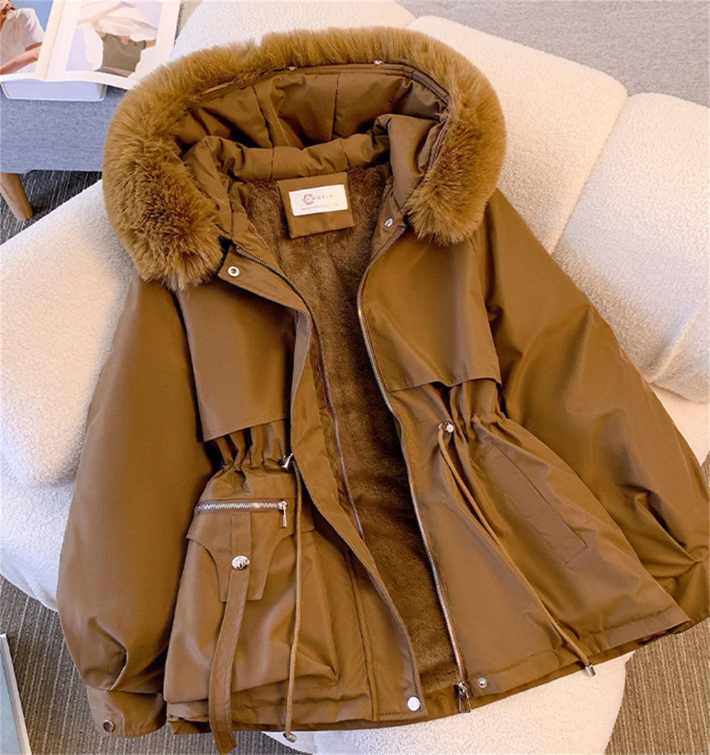 Women's Korean Hooded Padded Parka – Thick Zip-Up Drawstring Winter Coat