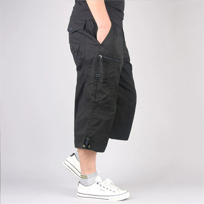 Men's Long Cargo Shorts — Multi-Pocket Military Tactical Cotton Capri Pants