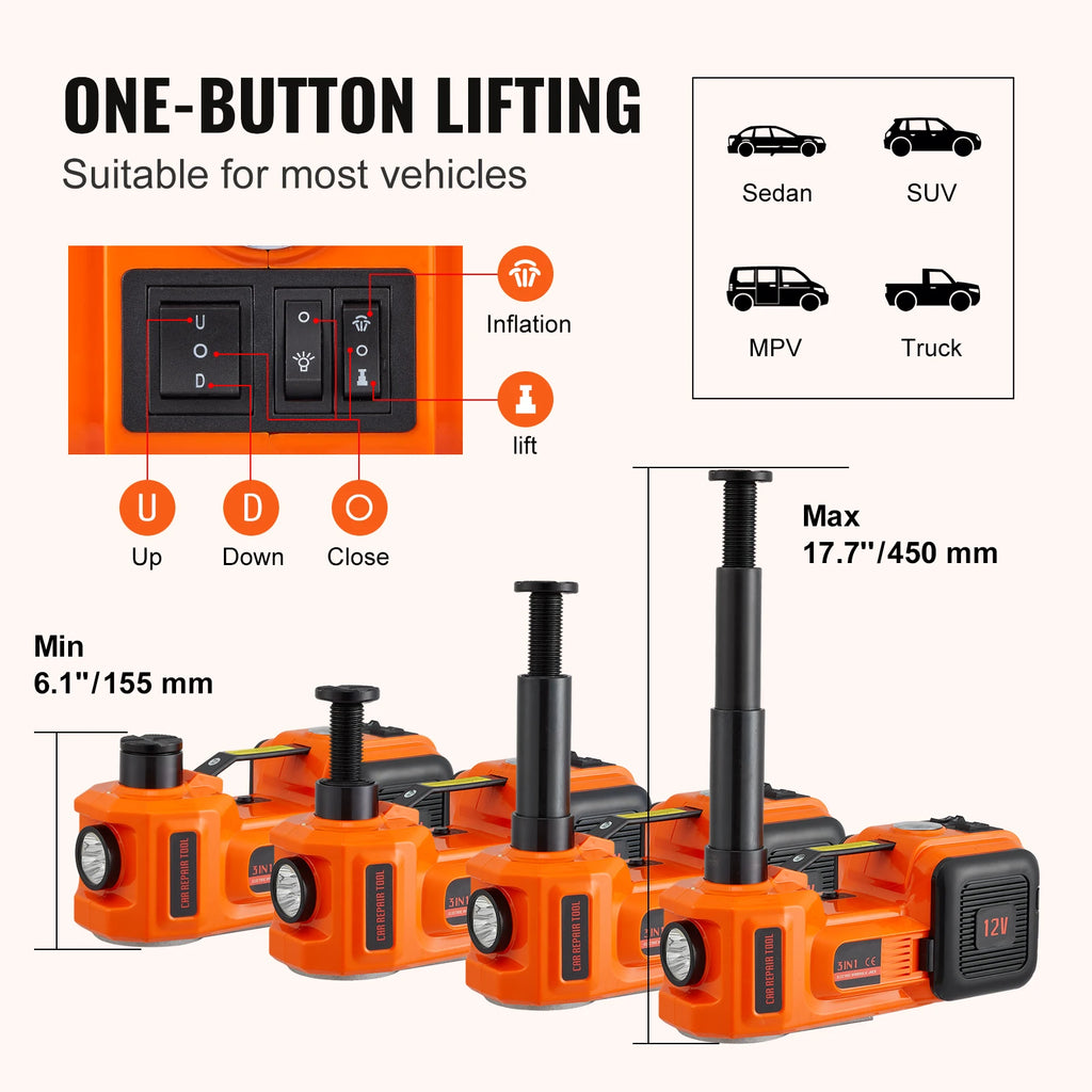 SucceBuy 5-Ton Electric Hydraulic Car Jack — Built-In Tire Inflator, LED Light, 13ft Cord for SUV, Truck & Car