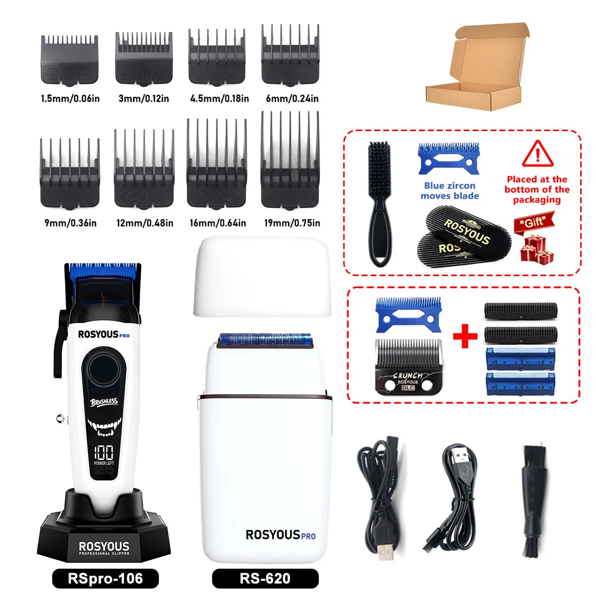 ROSYOUS Professional Brushless Hair Clipper – DLC Blade, LED Display, Base Charger, 240-Min Runtime