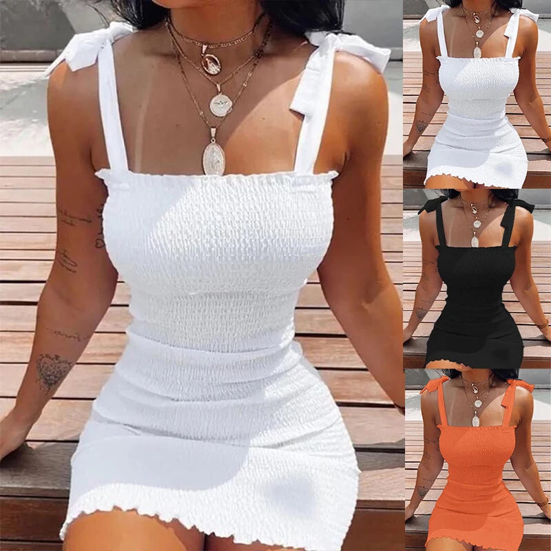 Off-Shoulder Solid White Mini Dress — Sleeveless Sheath Beach Vest Dress