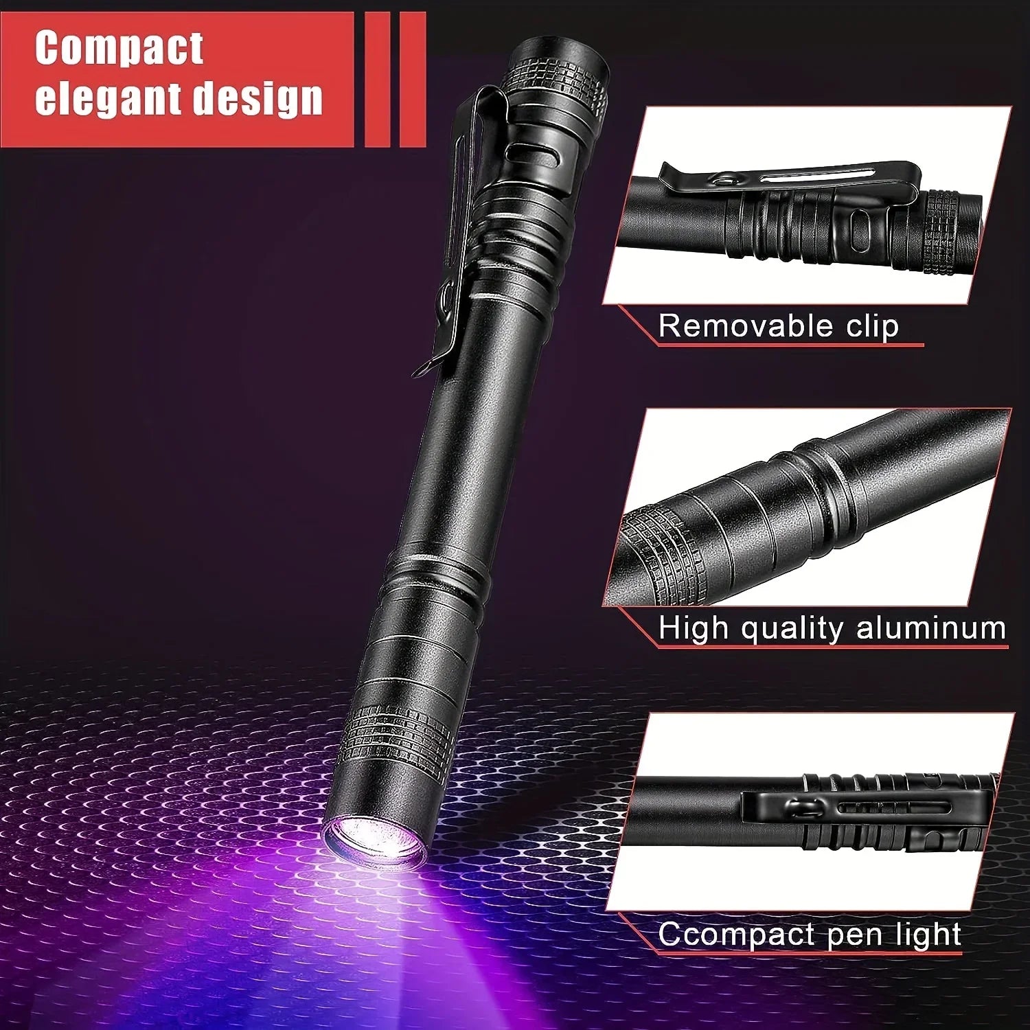 UV Flashlight 395nm Ultraviolet Torch – Pet Urine & Scorpion Detector, Pen Clip, 200 Lumens, AAA Battery
