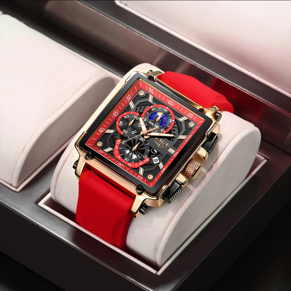 LIGE Men's Hollow Square Sport Watch | Fashion Silicone Strap Waterproof Quartz Wristwatch with Box