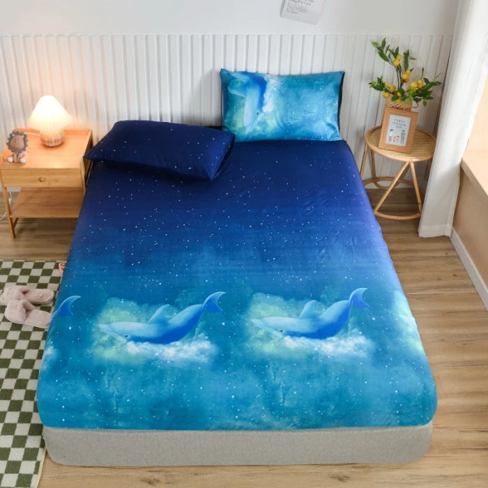 Marble Print Fitted Bed Sheet – Elastic Band, Single to King, All-Around Bed Cover