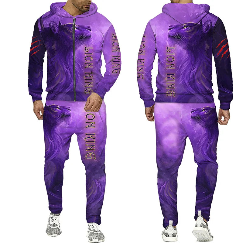 Men's 3D Lion Print Zip-Up Hoodie & Elastic Waist Pants Tracksuit Set