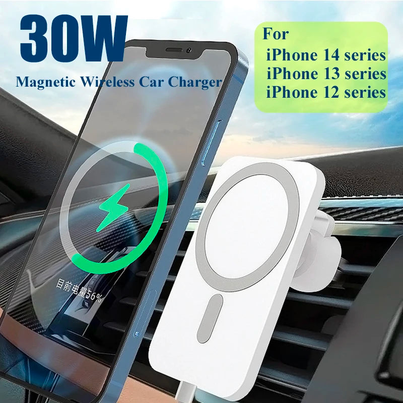 30W Magnetic Car Wireless Charger Phone Holder – MagSafe Compatible for iPhone 12–17, Qi Devices