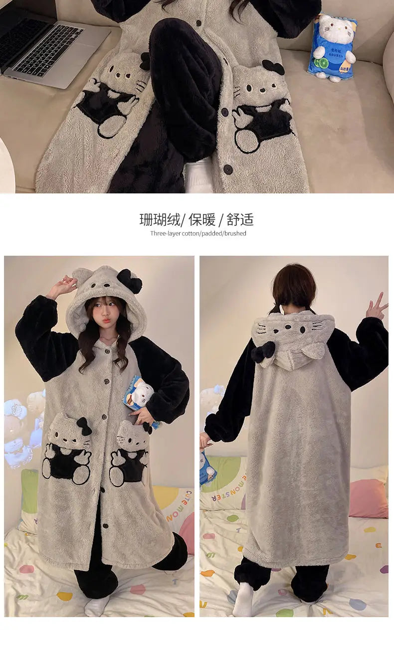 Women's Kawaii Coral Velvet Hooded Pajamas | Thickened Flannel Casual Homewear Suit