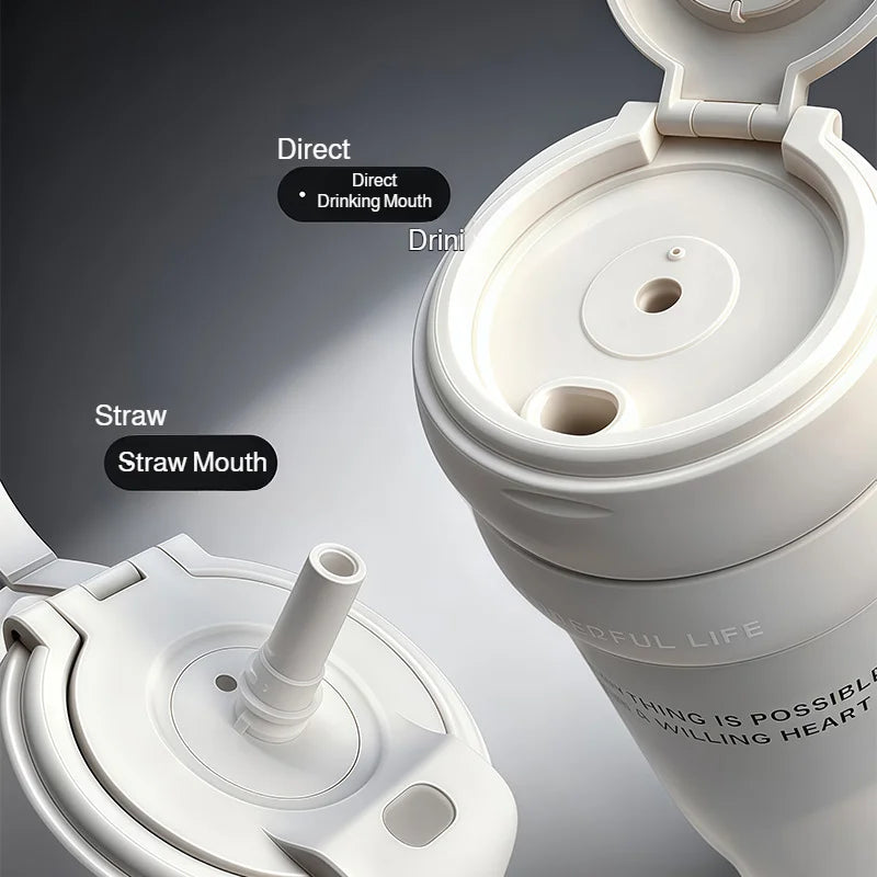 900ml Ceramic Interior Tumbler with Handle & Straw – 201 SS Shell, Dishwasher Safe, 24Hr Cold, Modern Minimalist, 3 Colors