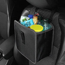 A black mesh car seat cup holder organizer filled with various items, shown installed on a car seat.