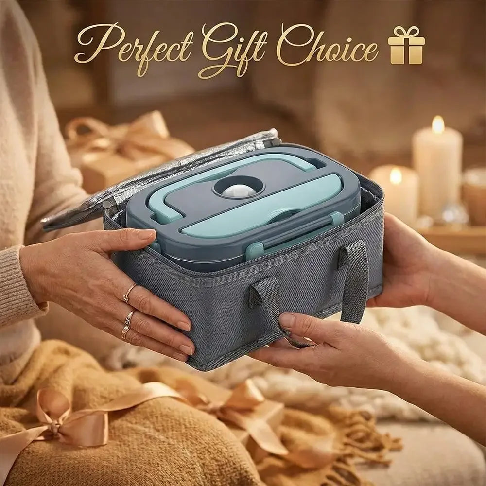 Two hands holding a gray and teal lunch box with 'Perfect Gift Choice' text and gift icon.