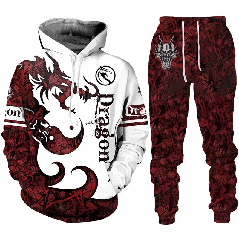 Dragon Print Hoodie Tracksuit Set – Oversized 2-Piece Sweatshirt & Pants