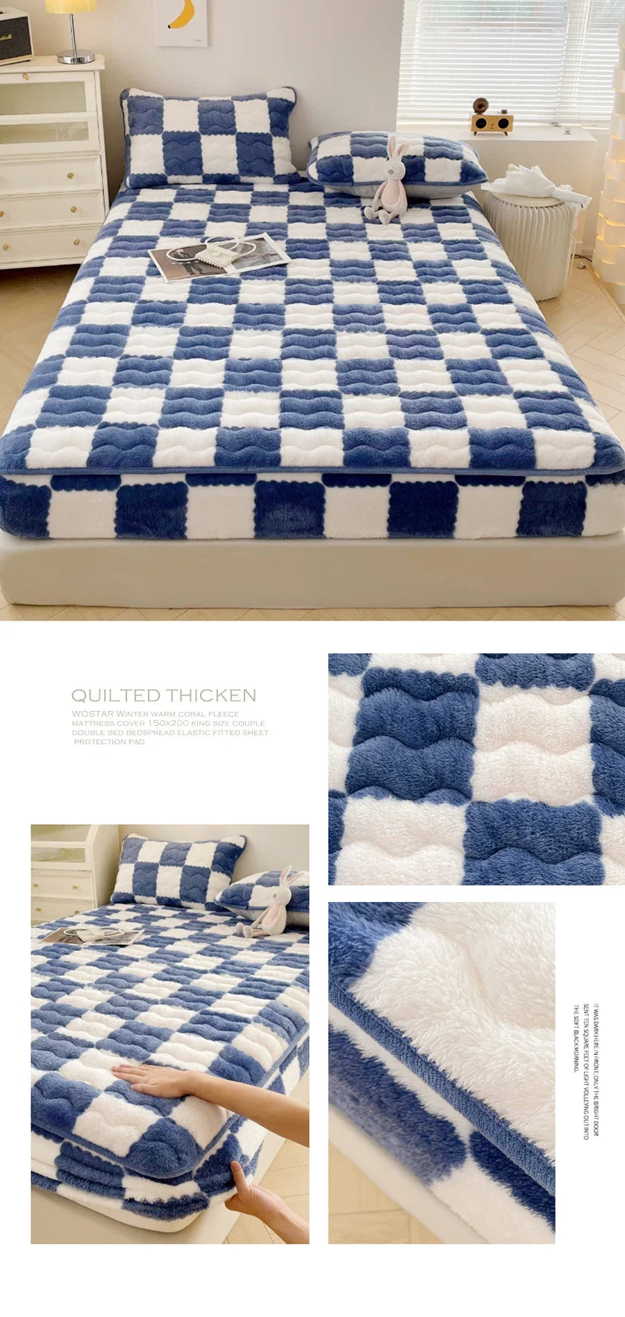 WASART Plush Warm Mattress Protector – Black & White Plaid Elastic Fitted Bed Pad