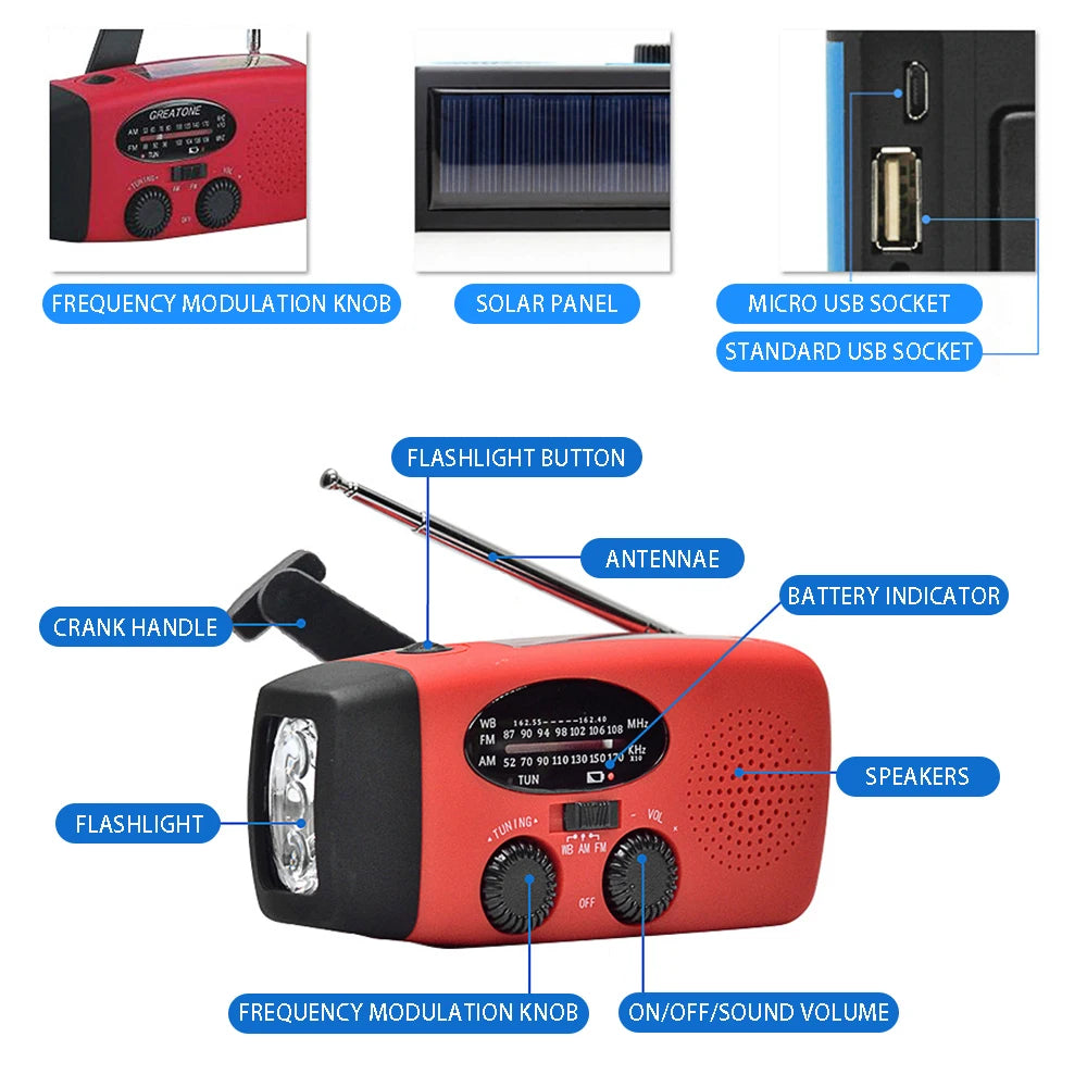 2000mAh Emergency Solar Radio — LED Light, FM/AM, USB Rechargeable Outdoor Survival Radio
