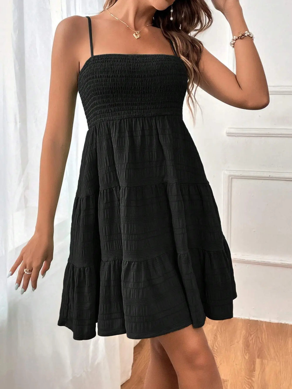 Women's Smocked Bustier Ruffled Tiered Swing Mini Dress – Spaghetti Strap Beach Vacation Dress