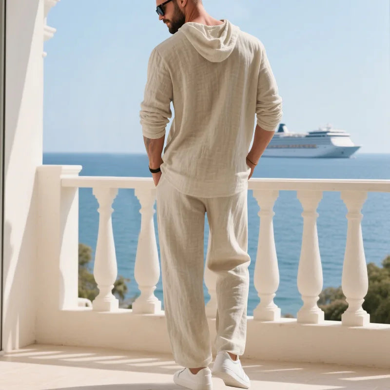 Men's Linen Casual Loose Hooded Henley Shirt & Long Pants Set – Relaxed Autumn 2-Piece Suit