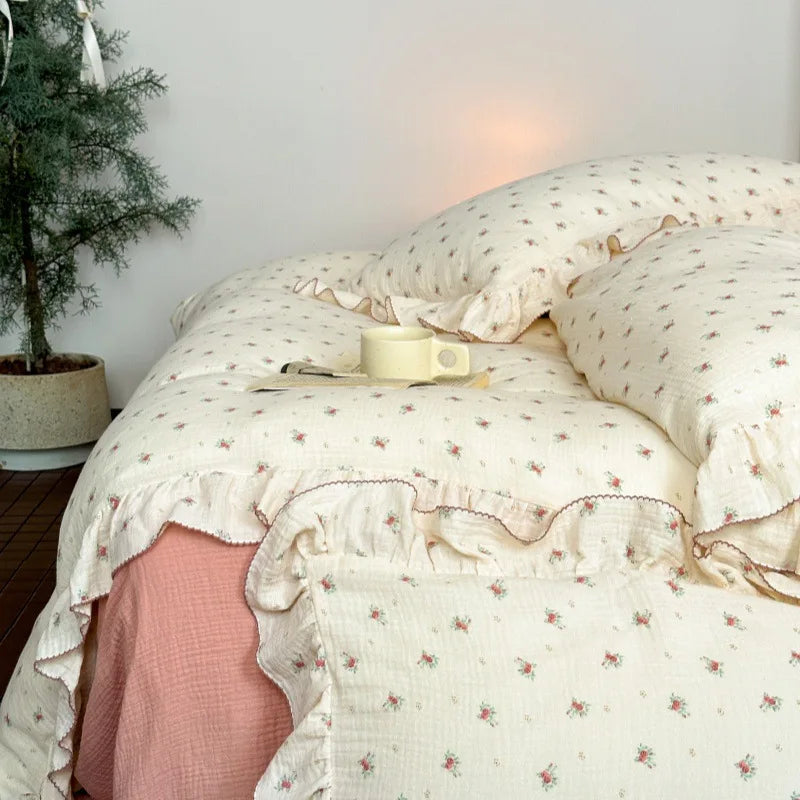 Princess Ruffle Bedding Set – 100% Cotton Gauze Duvet Cover with Pillowcases, Floral, 3-Piece
