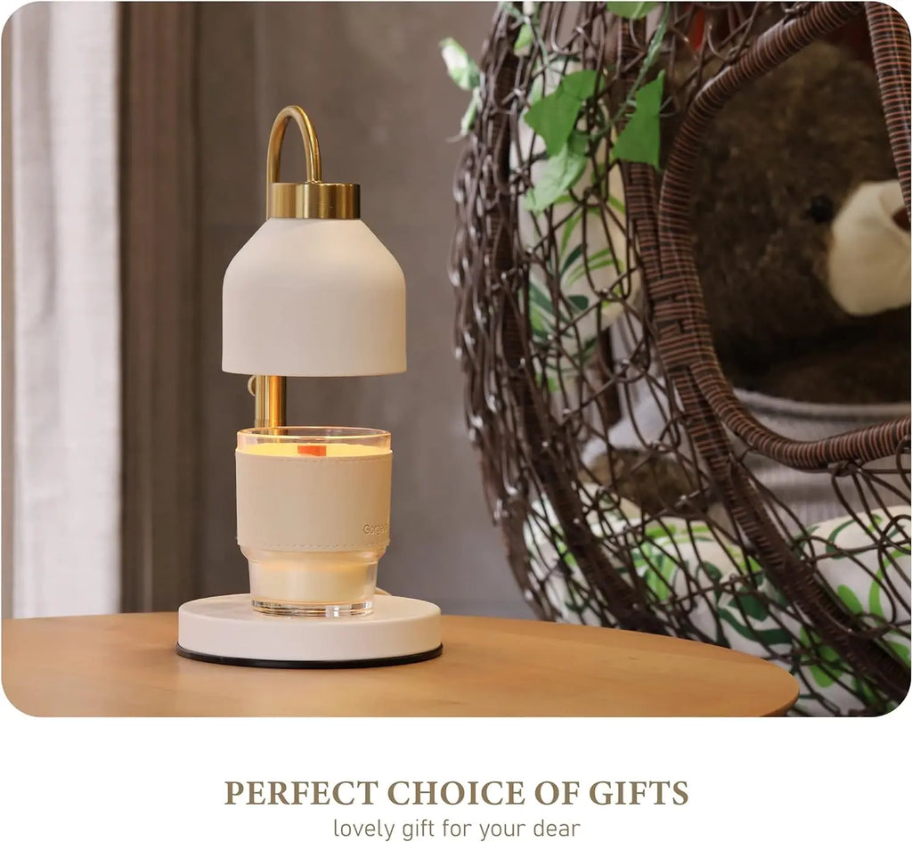 Small lamp on a wooden surface with decorative items in the background
