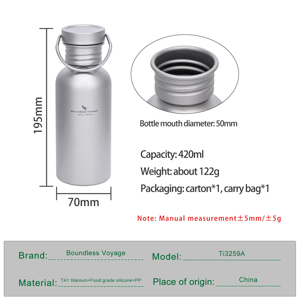 Boundless Voyage TA1 Pure Titanium Wide-Mouth Water Bottle – Ultralight Sport Bottle for Camping, Hiking & Travel