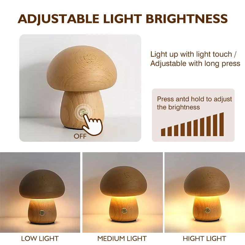Wooden Mushroom Lamp – Rechargeable Touch Night Light