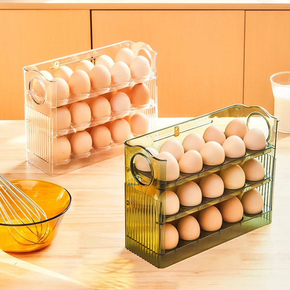3-Layer Flip Egg Storage Box for Refrigerator – Holds 30 Eggs, Space-Saving Fridge Door Organizer